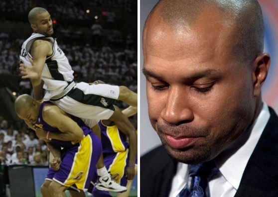 derek fisher fouls tony parker l and fired from the Knicks r