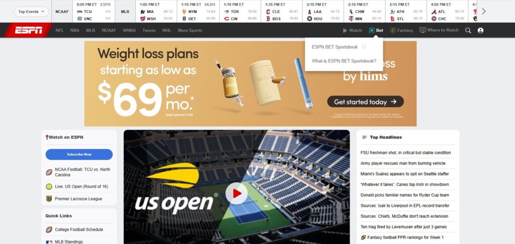 ESPN website which shows the tab for gambling